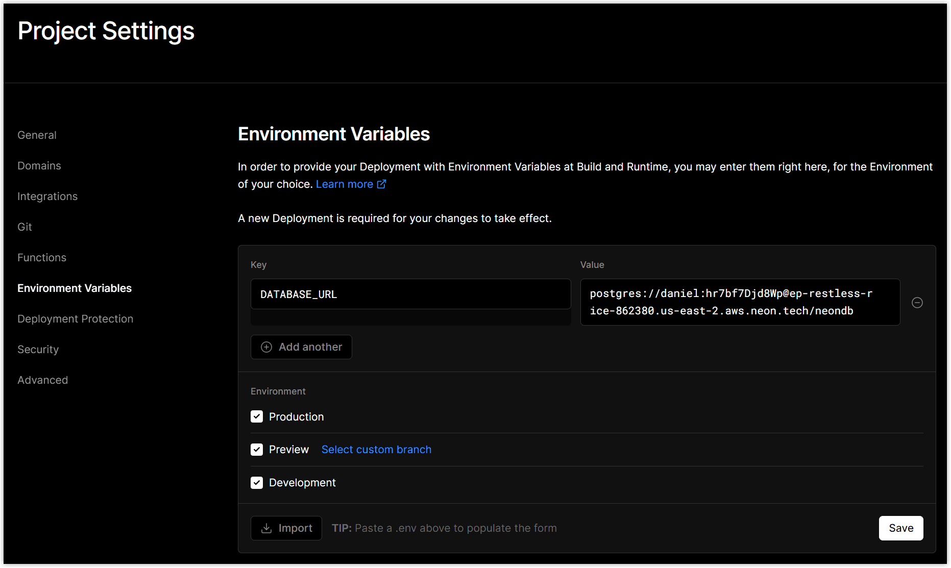 Add Vercel environment variable settings